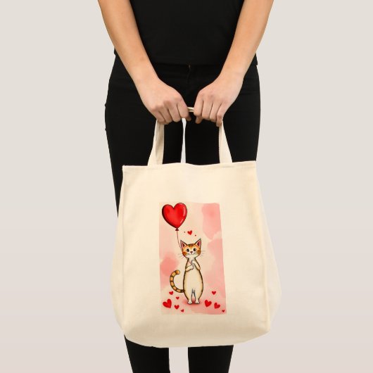 猫好きトートバッグ 赤いハート トートバッグ (正面(商品))