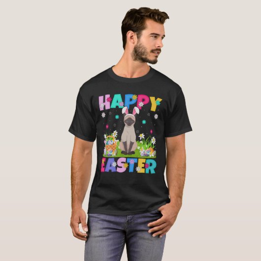 猫好きハッピーイースターバニーシャメスキャットイースタースー Tシャツ (正面フル)
