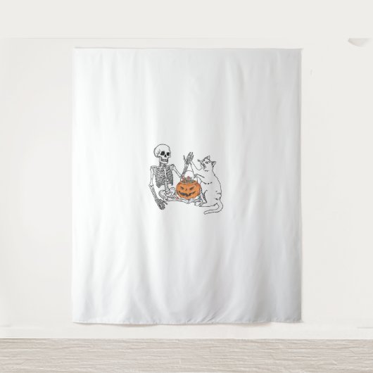 猫好きハロウィンおもしろいスケルトンとキャットレイジーC タペストリー (正面)