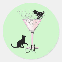 猫好きバブルモダングリーンカクテルモノグラム ラウンドシール
