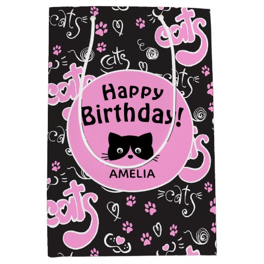 猫好きピンクとブラックのパーソナライズされた誕生日 ミディアムペーパーバッグ (正面)