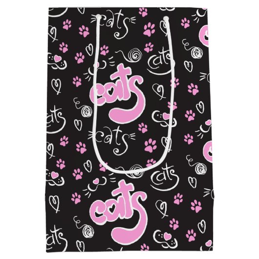 猫好きピンクとブラックのパーソナライズされた誕生日 ミディアムペーパーバッグ (裏面)