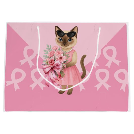 猫好きピンクリボン用乳がん認識度 ラージペーパーバッグ (正面)