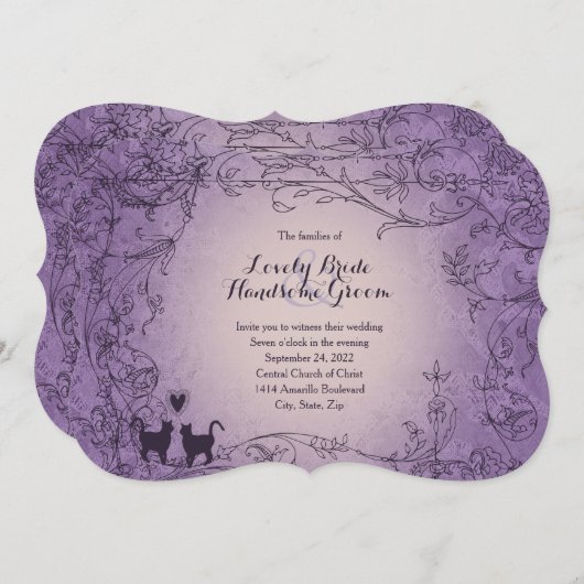猫好きファンシーズパープルビンテージウェディング招待状 招待状 (正面/裏面)