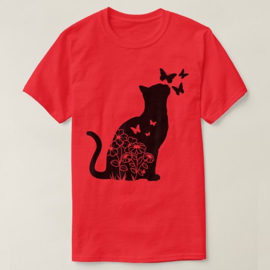 猫好きフラワーバタフライフローラ女性猫 Tシャツ (デザイン正面)