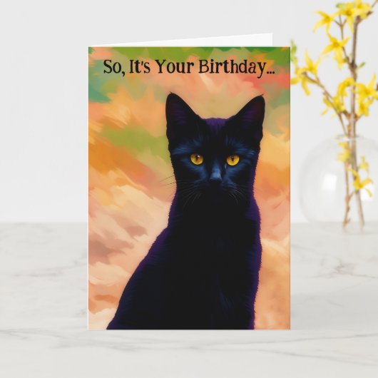 猫好きブラックキャットアーおもしろいトプン誕生日カード カード (黄色い花)