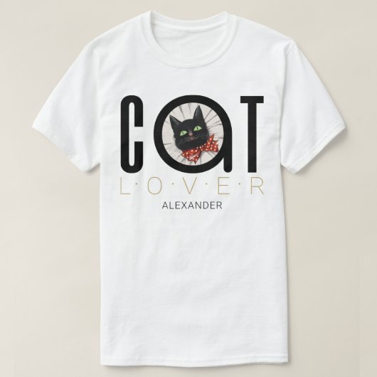猫好きブラックレッドグリーンボウタイ名カスタマイズ Tシャツ (デザイン正面)