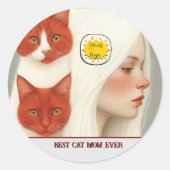猫好きママの写真 赤 ラウンドシール (正面)