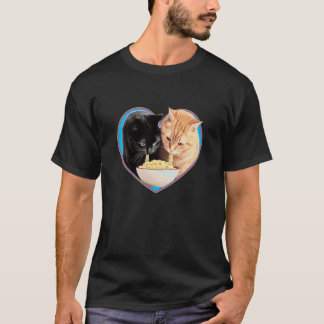 猫好きラーメン ハート ブラック&オレンジの子猫 Tシャツ