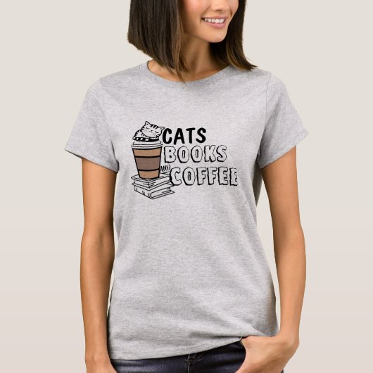 猫好き予測できなティー – 猫、本、コーヒー Tシャツ (正面)