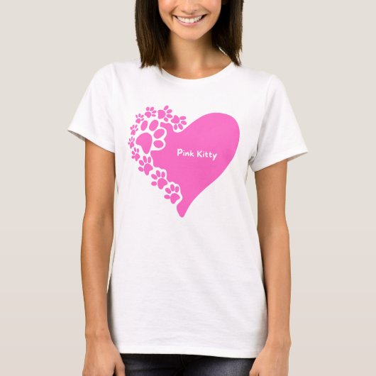 猫好き女性のためのピンクの子猫の手のハートTシャツ Tシャツ (正面)