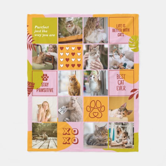 猫好き猫ママかわいいペット写真コラージュレトロ フリースブランケット (正面)