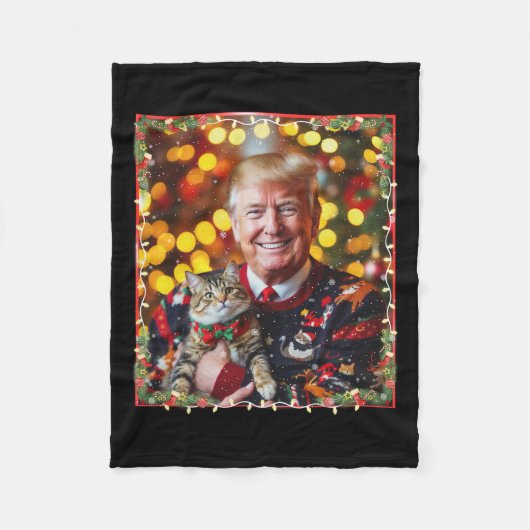 猫好き用おもしろいトランプクリスマスセーター フリースブランケット (正面)