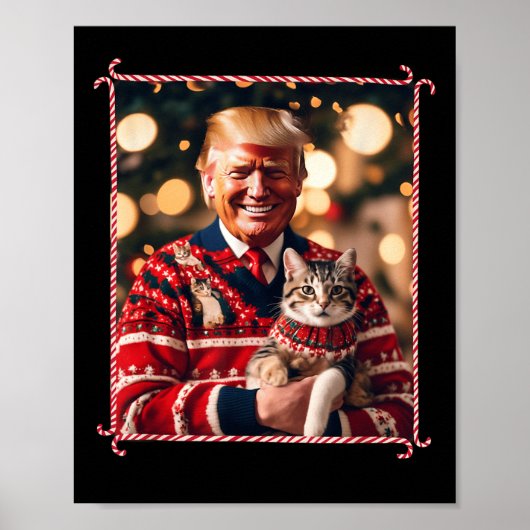 猫好き用おもしろいトランプクリスマスセーター ポスター (正面)