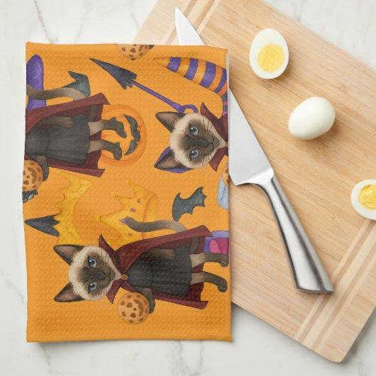 猫好き用ピックボールハローウィンパーティ キッチンタオル (四つ折り)