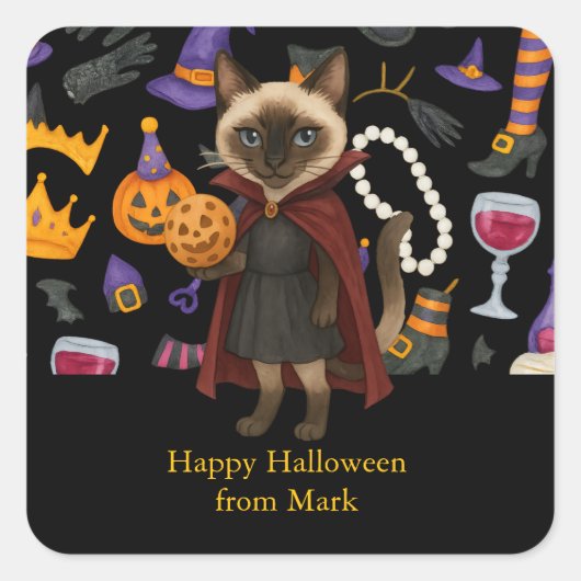 猫好き用ピックボールハローウィンパーティ スクエアシール (正面)