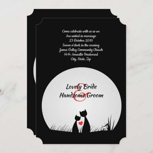 猫好き白黒ムーン結婚式招待状 招待状 (正面/裏面)
