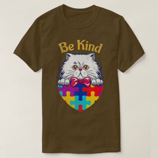 猫好き自閉症意識ハートパズルBe Kind K Tシャツ (デザイン正面)