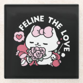 猫好き – かわいいバレンタインの猫デザイン ガラスコースター (正面)