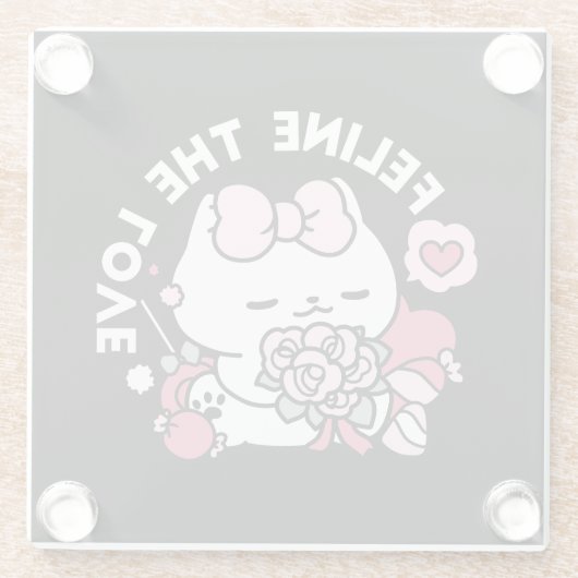 猫好き – かわいいバレンタインの猫デザイン ガラスコースター (裏面)