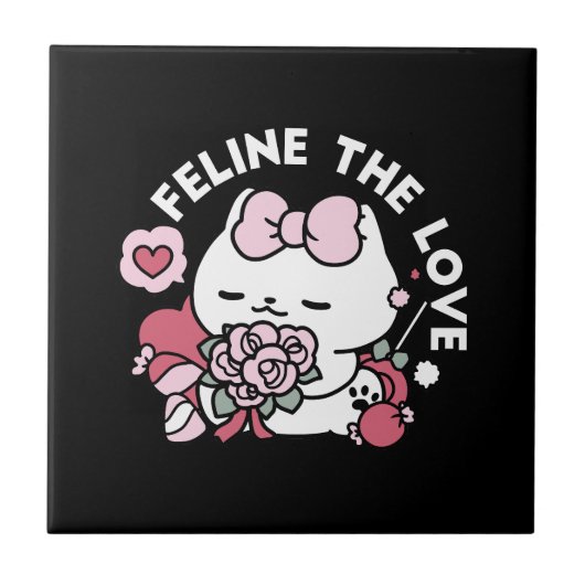 猫好き – かわいいバレンタインの猫デザイン タイル (正面)