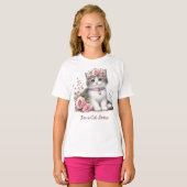 猫好き グレー子猫 ピンクのバラ  Tシャツ (正面フル)