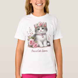 猫好き グレー子猫 ピンクのバラ Tシャツ