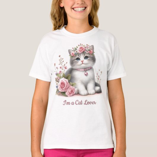 猫好き グレー子猫 ピンクのバラ  Tシャツ (正面)