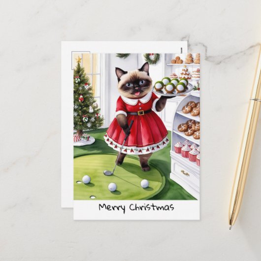 猫好き・ゴルファー向けのゴルフクリスマステーマ シーズンポストカード (正面/裏面インサイチュ)