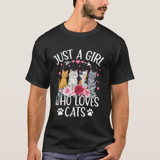 猫好き 花 かわいい 猫を愛する女の子 Tシャツ (正面)