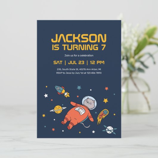 猫宇宙飛行士の宇宙子供の誕生日 招待状 (スタンド正面)