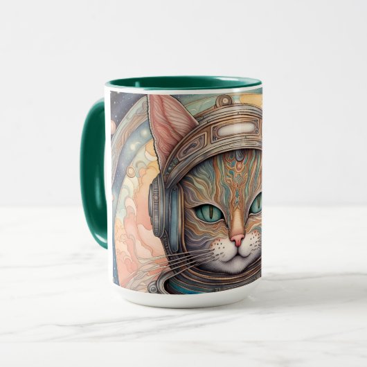 猫宇宙飛行士の複雑に詳細なアニメアート マグカップ (正面左)