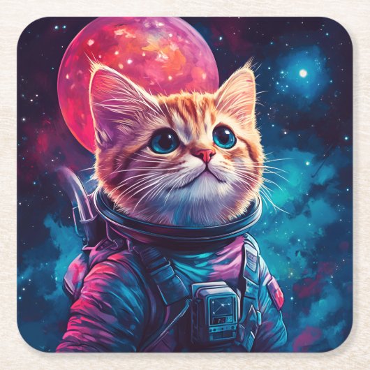 猫宇宙飛行士ピンク宇宙 スクエアペーパーコースター (正面)