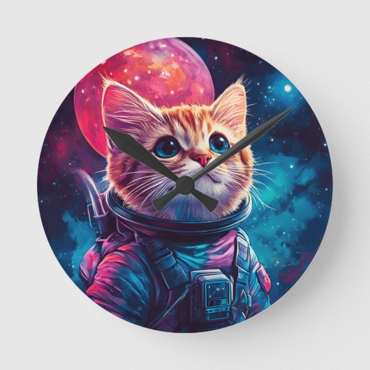 猫宇宙飛行士ピンク宇宙 ラウンド壁時計 (正面)
