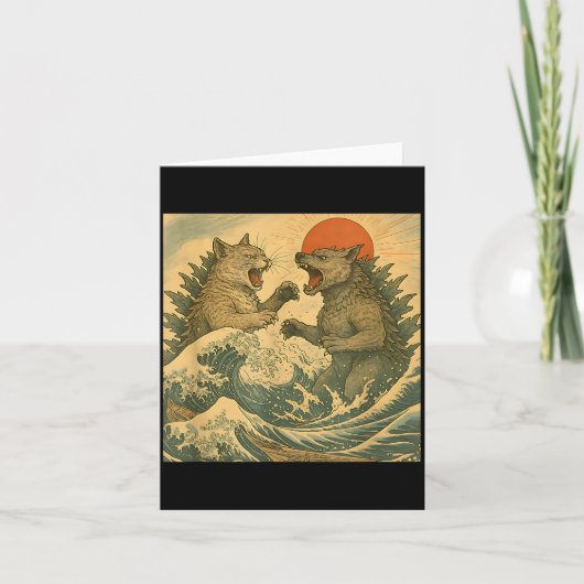 猫対犬の怪獣モンスター日本浮世絵スタイルの私 カード (正面)