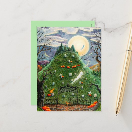 猫幽霊九人墓地不気味フォーク シーズンポストカード (正面/裏面インサイチュ)