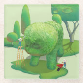 猫庭師と緑の動物の茂み ガラスコースター (正面)