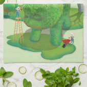 猫庭師と緑の動物の茂み キッチンタオル (折り畳み)