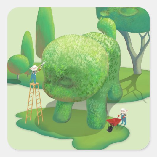 猫庭師と緑の動物の茂み スクエアシール (正面)