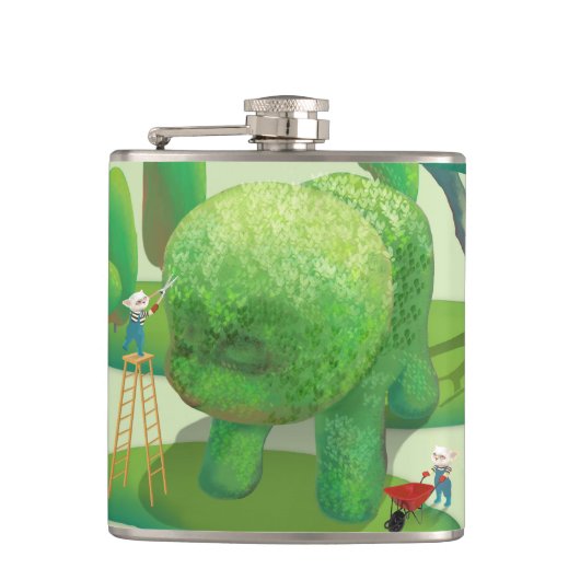 猫庭師と緑の動物の茂み フラスク (正面)
