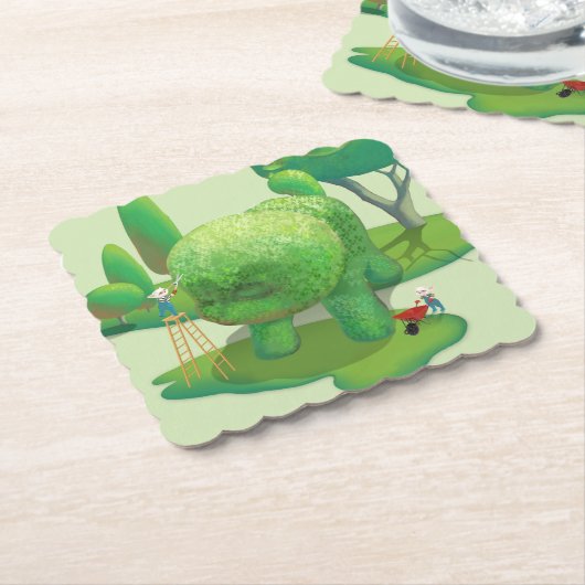 猫庭師と緑の動物の茂み ペーパーコースター (アングル)