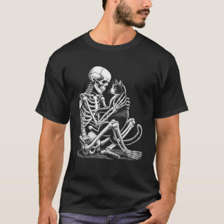 猫怠け者ハロウィンおもしろいのコスムを持つスケルトン Tシャツ