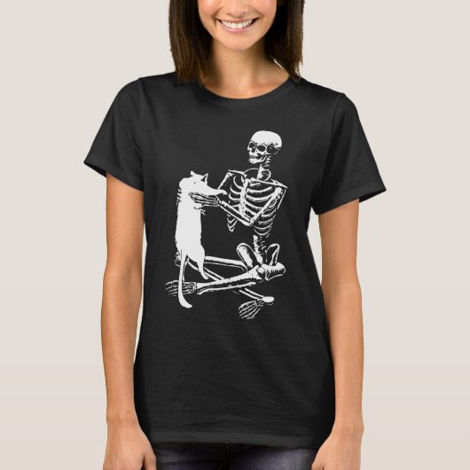 猫怠惰ハロウィーンのコスチュームを持つスケルトン Tシャツ (正面)