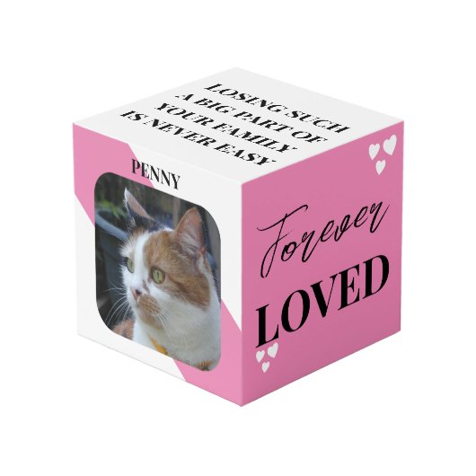 猫悔やみや弔慰記念ペットメモリアルピンク写真 フォトキューブ (正面アングル)
