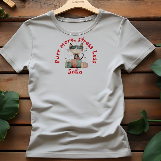 猫愛好家のためのユーモアあふれるクリスマスギフトTシャツ 名前入り レッド Tシャツ
