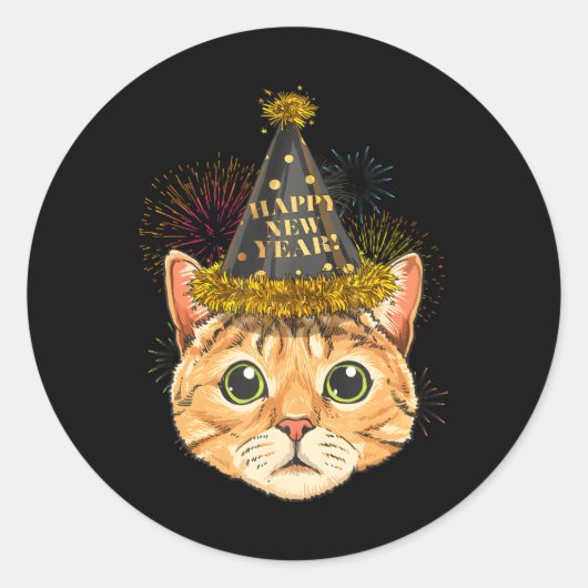猫新年2024ハッピーニューイヤーイブNYE ラウンドシール (正面)
