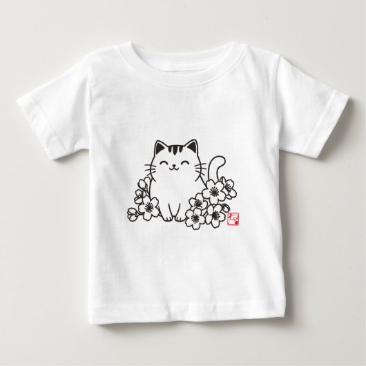 猫日本のと桜に猫スタンプを ベビーTシャツ (正面)
