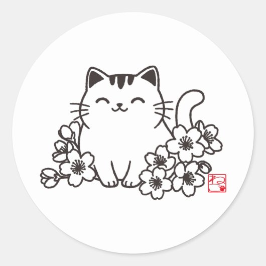 猫日本のと桜に猫スタンプを ラウンドシール (正面)