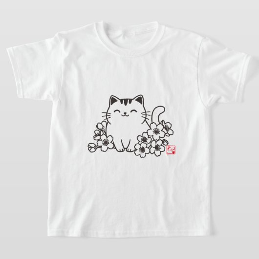 猫日本のと桜に猫スタンプを Tシャツ (レイダウン)