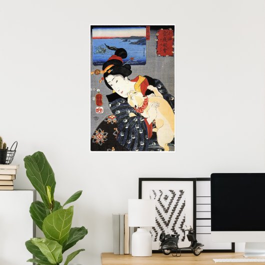 猫日本のを抱く女性 ポスター (ホームオフィス)